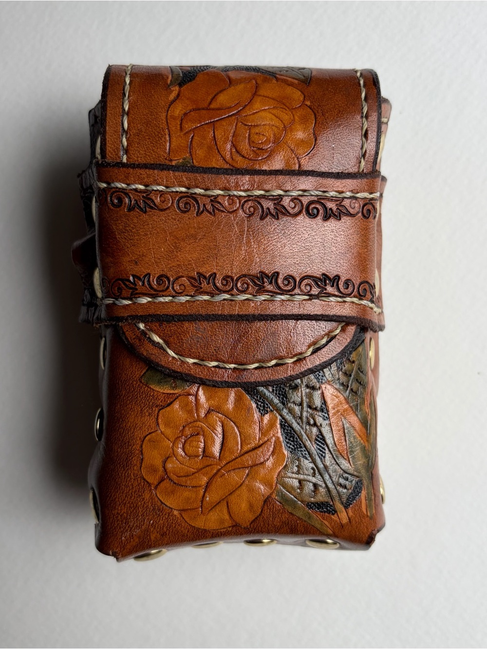 Hand-Tooled Brown Leather Floral Cigarette Case - Unbranded